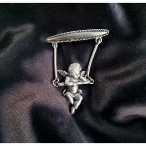 Vintage JJ Signed Cupid Angel Moveable Swing Pin Cherub Silver Toned Brooch Pin